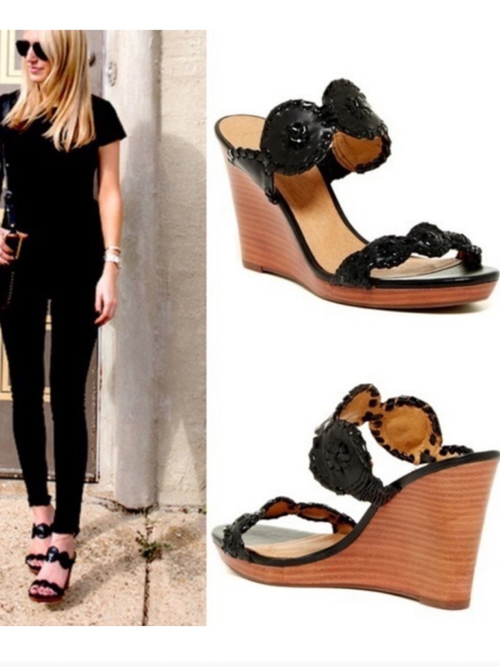 Jack Rogers Black Leather Wedge Sandals size 10